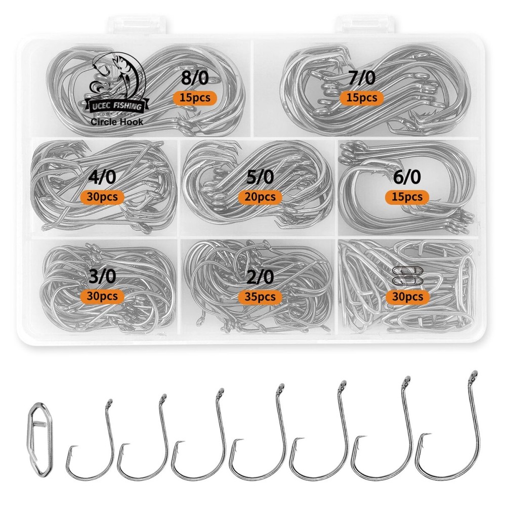 UCEC 160PCS Catfish Circle Hooks Saltwater with 30PCS Fishing Speed Clips, 2X Strong Offset Catfishing Tackle Fishing Hooks Saltwater Catfish Gear Fish Hook Set Size: 2/0 3/0 4/0 5/0 6/0 7/0 8/0