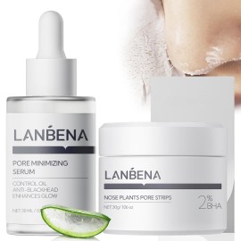 LANBENA 3 in 1 Blackheads Removing Kit, Nose Pore Strips 30g+Pore Serum 30ml+ Strip Paper, Black Head Remover Mask for Nose, Pore Minimizer for Face