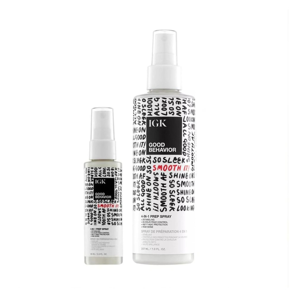 IGK GOOD BEHAVIOR 4-in-1 Prep Spray | Full + Travel Size | Gently Detangles, Controls Frizz for 24 Hours, Heat Protection & Shine | Weightless Formula for Smooth Hair