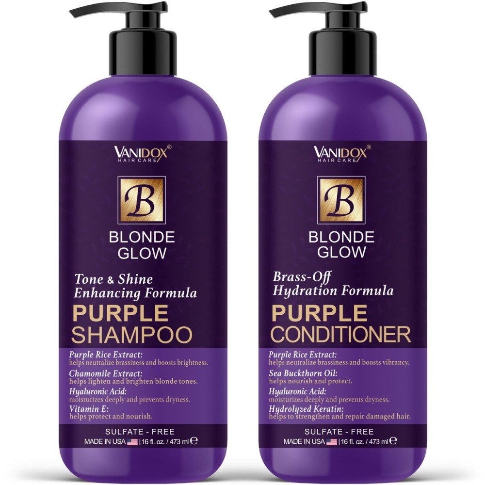 VANIDOX Sulfate Free Brass Toning Purple Shampoo and Conditioner Set for Blondes, Brown Highlighted, or Bleached Hair, Shampoo for Blondes Infused with Purple Rice Extract (16 fl oz each)