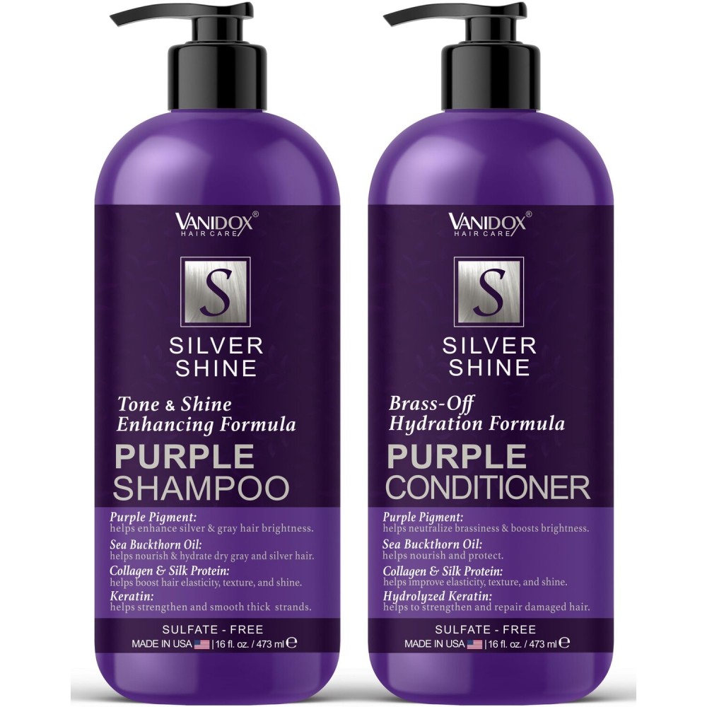 VANIDOX Sulfate Free Brass Toning Purple Shampoo and Conditioner Set for Grey and Silver Hair, Moisturizing & Color-Safe, Enhances Shine & Brightness, Made in USA (16 fl oz each)