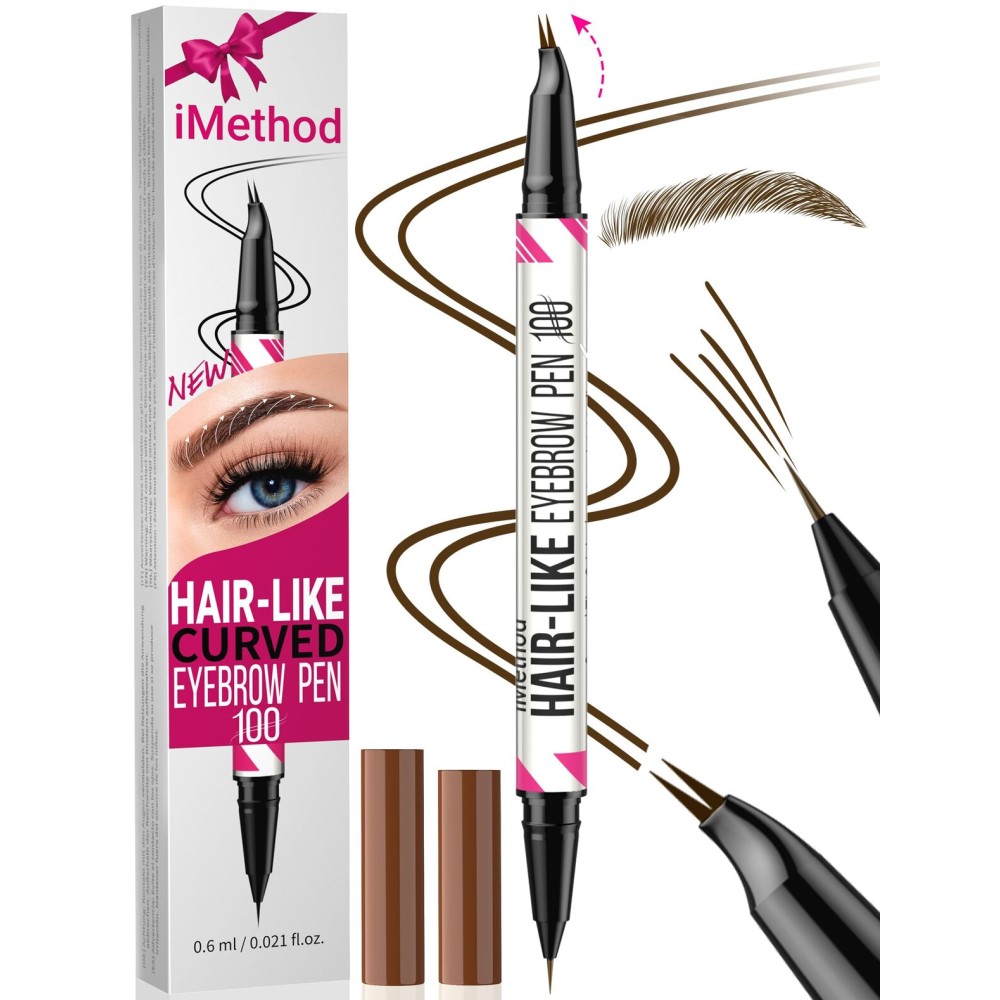 iMethod Curved Eyebrow Pen - Eyebrow Pencil, Brow Pencil 2-in-1 Dual-Ended Microblading Eyebrow Pen with Curved Tip and Precise Brush-Tip for Natural Hair-Like Brows, Last All-Day, Dark Brown