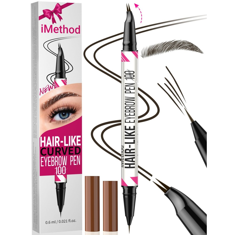 iMethod Curved Eyebrow Pen - Eyebrow Pencil, Brow Pencil 2-in-1 Dual-Ended Microblading Eyebrow Pen with Curved Tip and Precise Brush-Tip for Natural Hair-Like Brows, Last All-Day, Black Brown