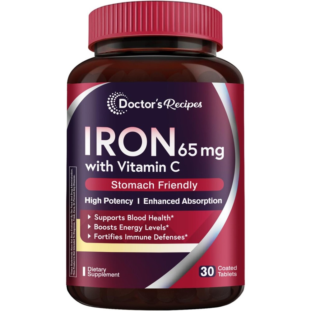 Doctor\'s Recipes Iron Supplement 65 mg with Vitamin C - Maximized Absorption & Stomach Friendly Iron Pills for Red Blood Cells Formation, Heart, Brain & Immunity Health - Vegan Non-GMO 30 Iron Tablets