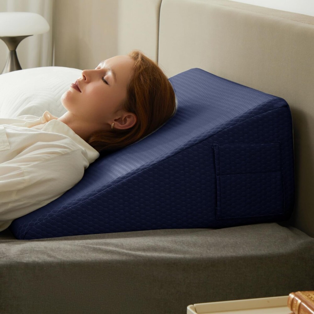 Bedluxe Wedge Pillow, 10 inch Bed Wedge Pillow for Headboard, Pillow Wedge for Acid Reflux Relief, Sleeping, After Surgery, Snoring, Gerd, Triangle Pillow Wedge - Cooling Memory Foam Top, Navy