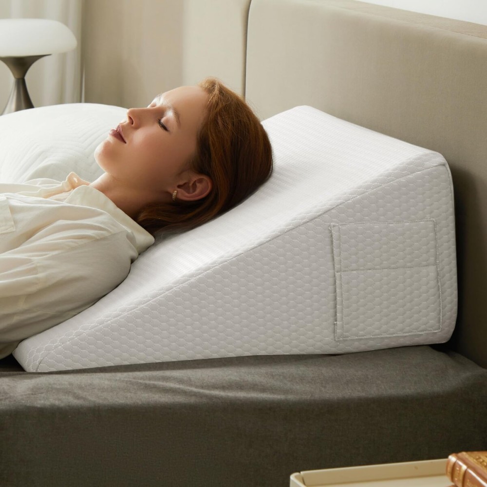 Bedluxe Wedge Pillow, 10 inch Bed Wedge Pillow for Headboard, Pillow Wedge for Acid Reflux Relief, Sleeping, After Surgery, Snoring, Gerd, Triangle Pillow Wedge - Cooling Memory Foam Top, White