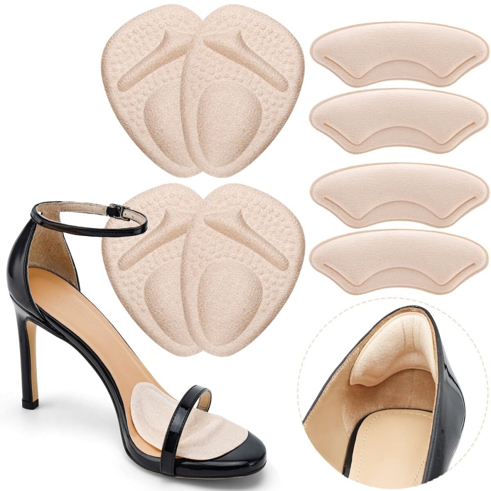 Heel Cushion Pads, Metatarsal Pads for Women, Ball of Foot Cushions, Liners for Pain Relief, Prevent Blisters Friction, Shoe Inserts for Loose Shoes to Make Fit Tighter (4 Pairs)