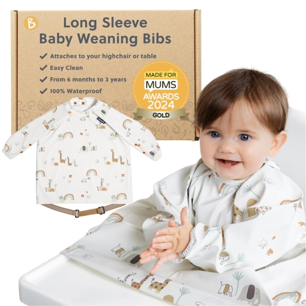 BIBaDO - Long Sleeve Baby Bibs - Babies & Toddlers 6-36 Months - Coverall Baby Led Weaning Bib - Easy Wipe, Soft & Waterproof