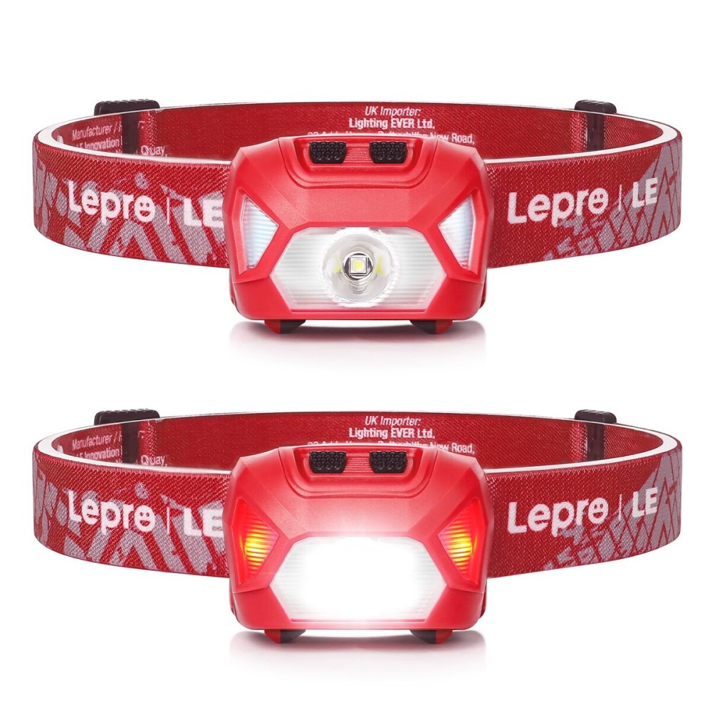 Lepro 320015 Battery Powered Headlamp - 1300Lux Super Bright LED Head Lamp with Red Light, IPX4 Waterproof Headlights for Outdoor Camping, Hiking, Hunting, Power Outages, Emergency, Hurricane - Red