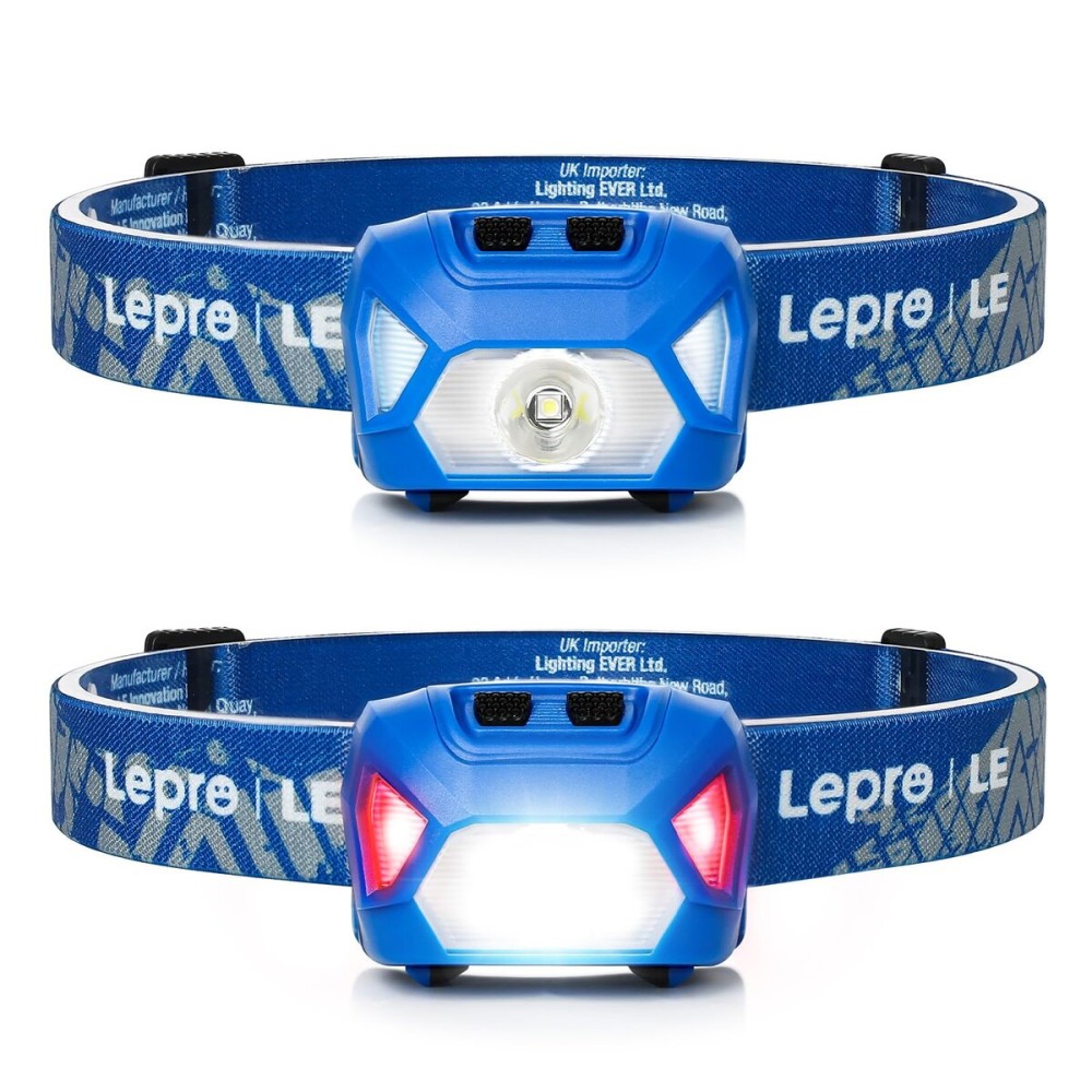 Lepro 320015 Battery Powered Headlamp - 1300Lux Super Bright LED Head Lamp with Red Light, IPX4 Waterproof Headlights for Outdoor Camping, Hiking, Hunting, Power Outages, Emergency, Hurricane - Blue