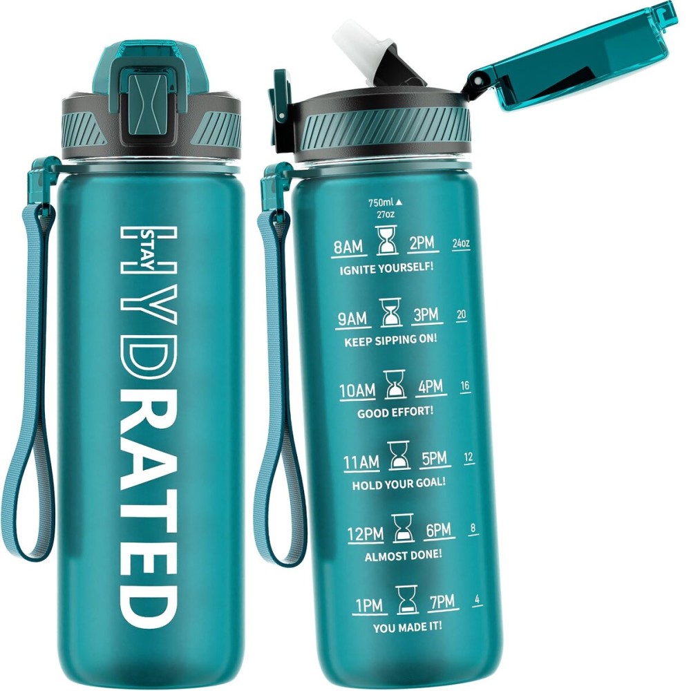 QLUR Water Bottle with Straw, 27oz Motivational Water Bottles with Time Marker to Drink, Tritan BPA Free, 750ml Sports Water Bottle with Carry Strap LeakProof for School Fitness Outdoor (1Pack)