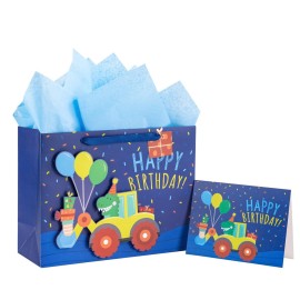 Loveinside Birthday Gift Bag for Boys, Medium Bag with Tissue Paper, Greeting Card and Tag, Three-dimensional Truck and Dinosaur Design for Kid\'s Birthday, Party and More, 13 x 5 x 10, 1 Pcs