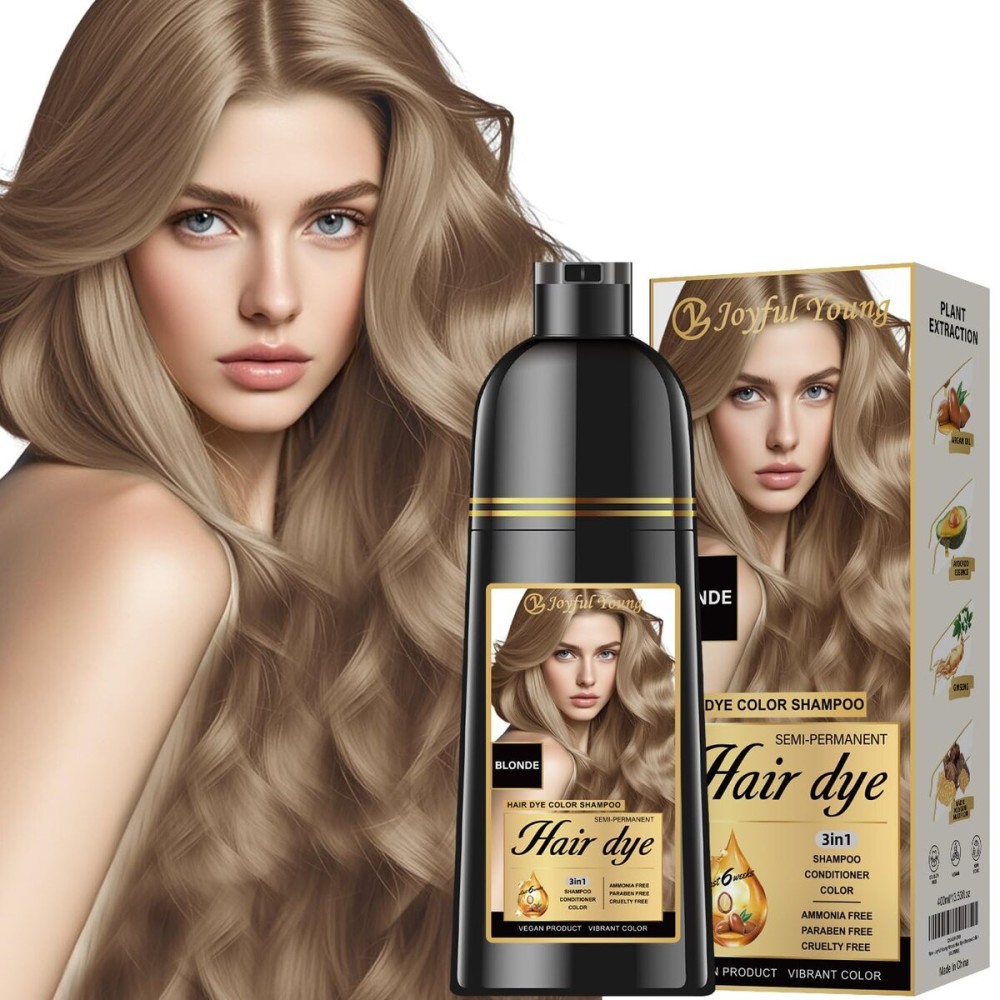 Joyful Young Natural Hair Dye Shampoo 3 IN 1, Hair Color for Gray Hair Coverage, Hair Coloring Shampoo for Women, Color Shampoo Beard Dye for Men, Vegan Ammonia Free Hair Shampoo (MEDIUM BLONDE)