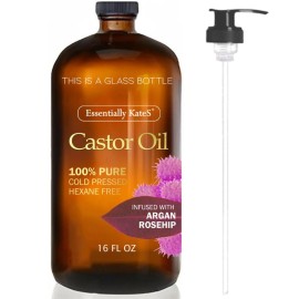 Essentially KateS Castor Oil 16 Fl Oz (Glass Bottle) - Argan + Rosehip - A Huge Glass Bottle with a Pump - 100% Pure and Natural, Cold Pressed, and Hexane-Free, Body, Hair