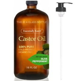 Essentially KateS Castor Oil 16 Fl Oz (Glass Bottle) - Olive + Peppermint - A Huge Glass Bottle with a Pump - 100% Pure and Natural, Cold Pressed, and Hexane-Free - Hair, Body