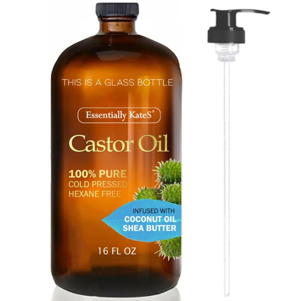 Essentially KateS Castor Oil 16 Fl Oz (Glass Bottle) - Coconut Oil + Shea Butter - A Huge Glass Bottle with a Pump - 100% Pure and Natural, Cold Pressed, and Hexane-Free - Hair, Body