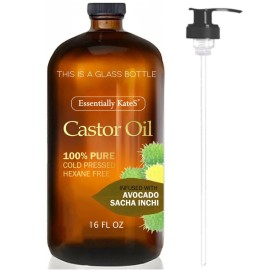 Essentially KateS Castor Oil 16 Fl Oz (Glass Bottle) - Avocado + Sacha Inchi- A Huge Glass Bottle with a Pump - 100% Pure and Natural, Cold Pressed, and Hexane-Free - Hair, Body
