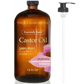 Essentially KateS Castor Oil 16 Fl Oz (Glass Bottle) - Camelia Japonica + Rosemary - A Huge Glass Bottle with a Pump - 100% Pure and Natural, Cold Pressed, and Hexane-Free - Hair, Body
