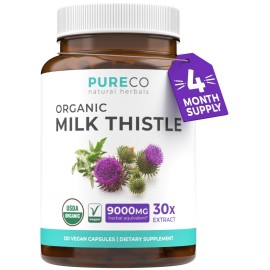 USDA Organic Milk Thistle Capsules - 80% Silymarin Supplement for Liver Support- Super Concentrated 300mg of 30:1 Milk Thistle Extract Equivalent to 9,000mg - Milk Thistle Liver Detox 120 Day Supply
