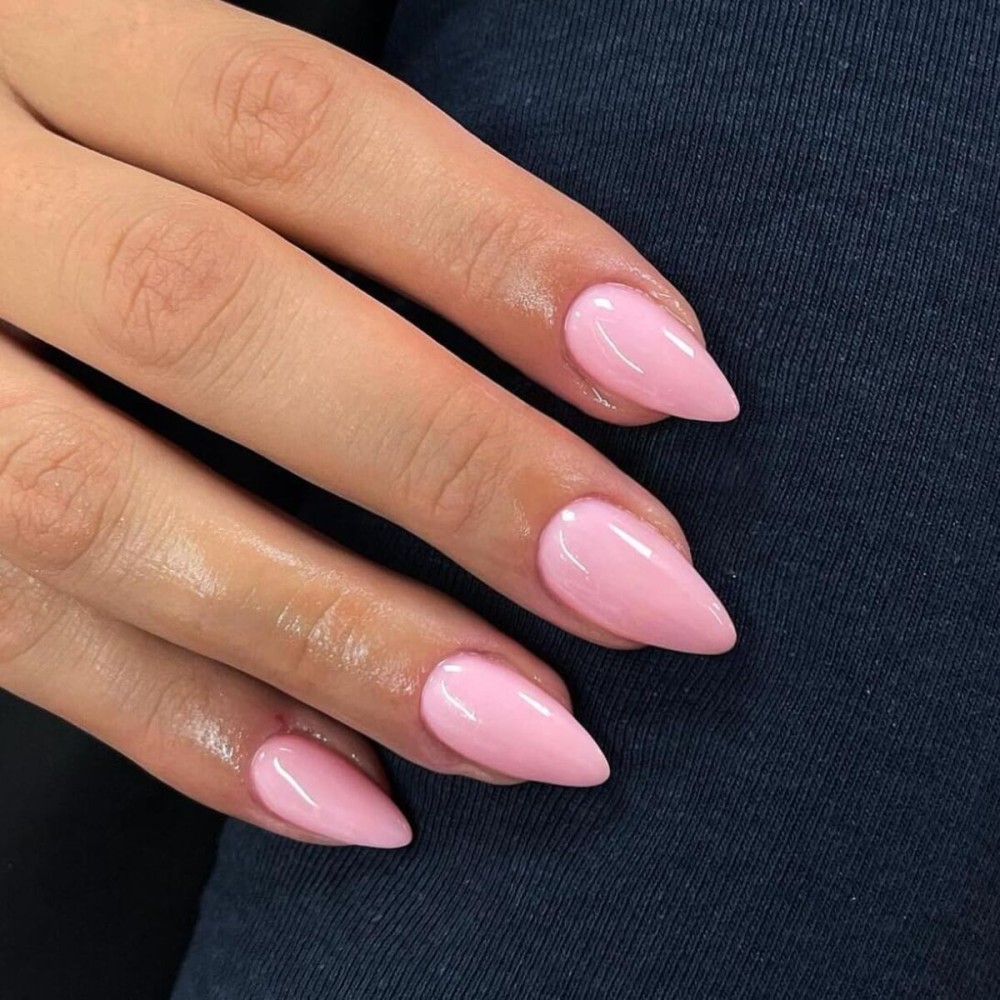 KQueenest Baby Pink Press on Nails Medium Almond Stiletto, Glossy Gel Fake Nails Medium Pure Color, Acrylic Nails Press on Feature Protective UV Coating in 24 Pcs