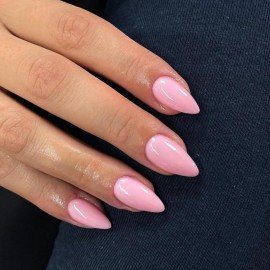 KQueenest Baby Pink Press on Nails Medium Almond Stiletto, Glossy Gel Fake Nails Medium Pure Color, Acrylic Nails Press on Feature Protective UV Coating in 24 Pcs