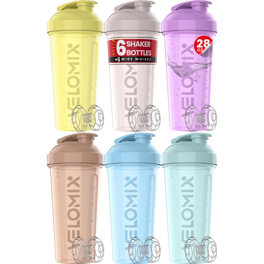 VELOMIX -6 PACK- 28 oz Protein Shaker Bottle for Protein Mixes - 6x Wire Whisk | Leak Proof Shaker Cups for Protein Shakes | Protein Shaker Bottle Pack | Protein Shake Cup (Pastel Power Series)