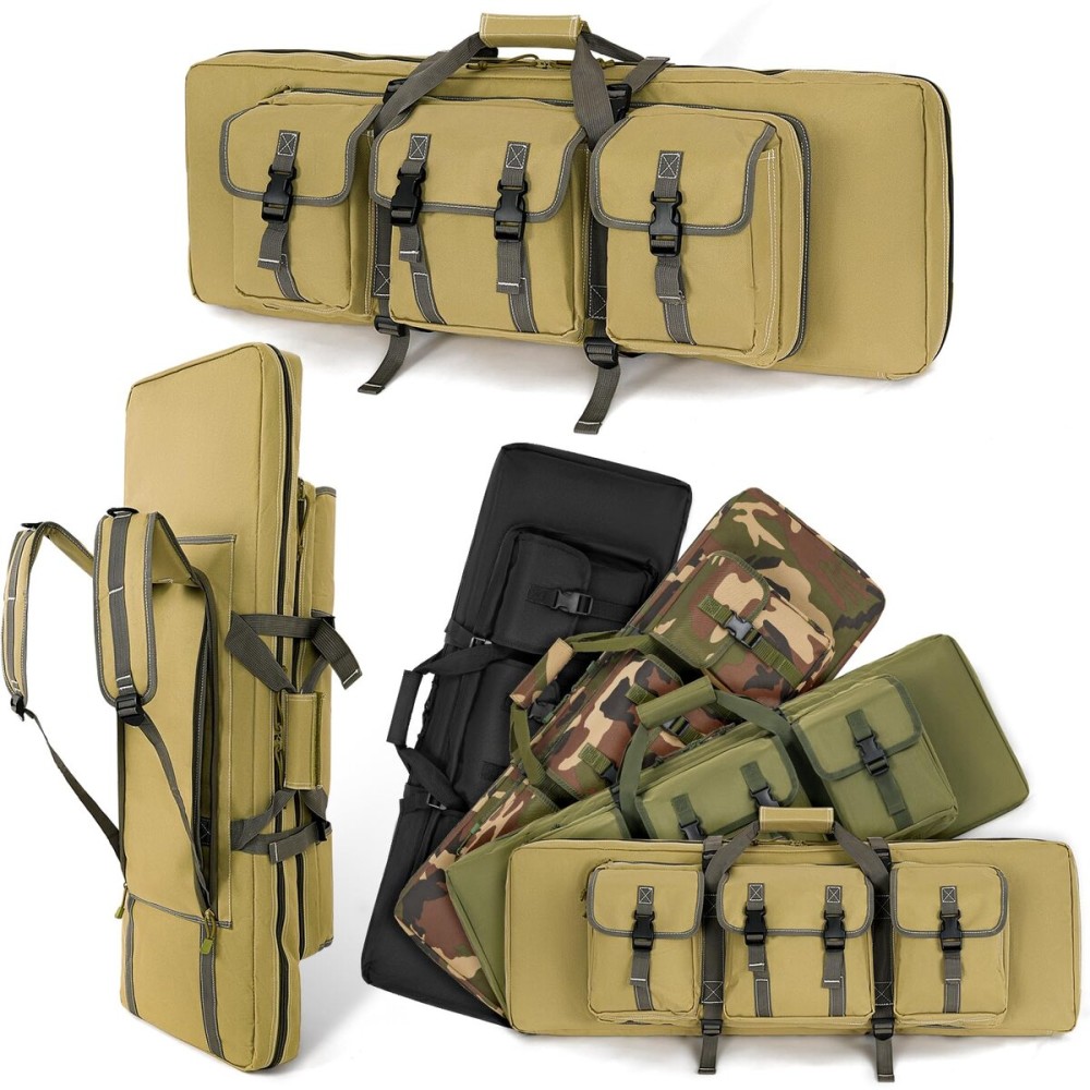 DULCE DOM Double Rifle Case 52\'\' Soft Gun Bag Tactical Backpack with Movable Divider for Hunting Shooting Range, MOLLE System Multiple Magazine Pouches & Accessory Bags (KHAKI)