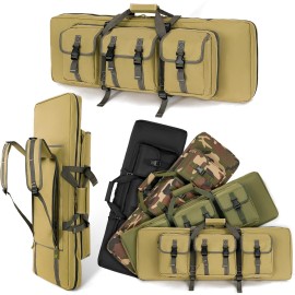 DULCE DOM Double Rifle Case 52\'\' Soft Gun Bag Tactical Backpack with Movable Divider for Hunting Shooting Range, MOLLE System Multiple Magazine Pouches & Accessory Bags (KHAKI)