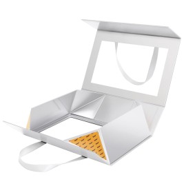 JINGUAN Large Silver Clear Gift Box, 13.5x9x4.1 Inches Gift Box with Window by Handle, Bridesmaid Proposal Box, Collapsible Gift Boxes with Magnetic Closure (Glossy Silver, 1 Pack)