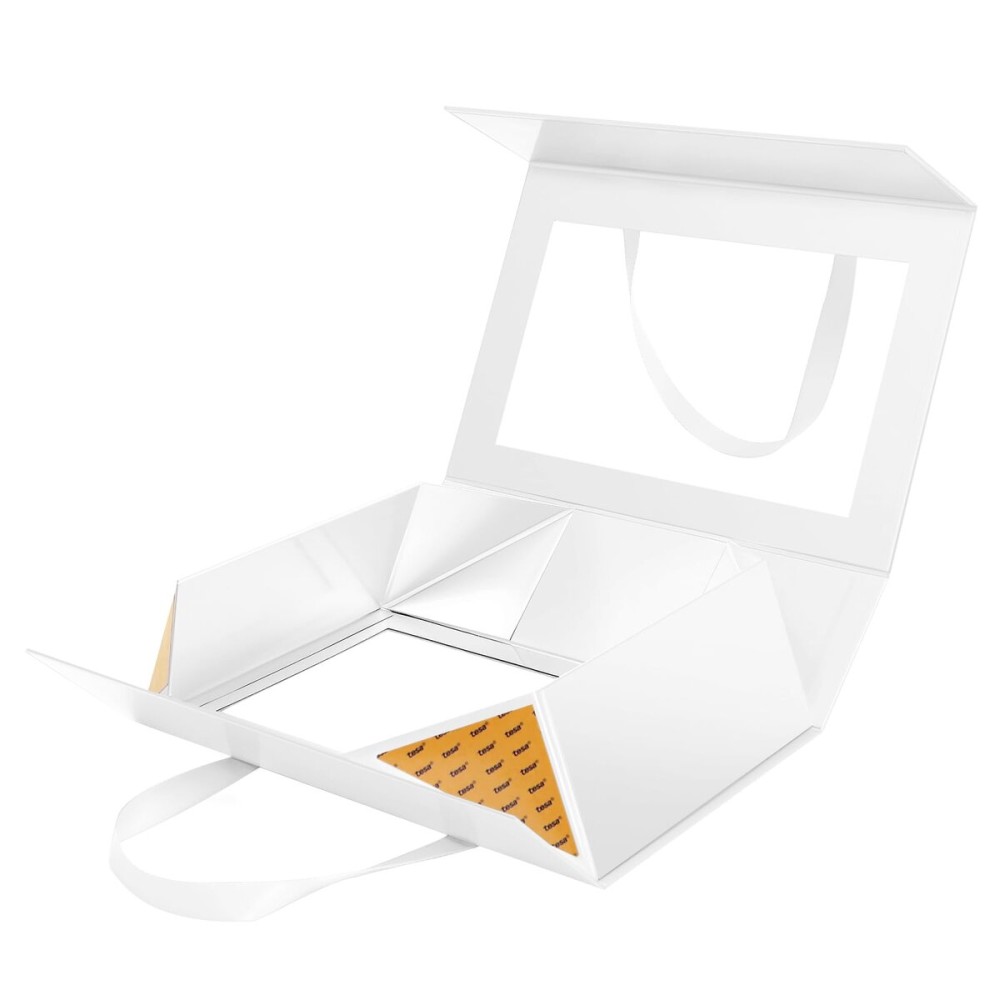 JINGUAN Large White Clear Gift Box, 13.5x9x4.1 Inches Gift Box with Window by Handle, Bridesmaid Proposal Box, Collapsible Gift Boxes with Magnetic Closure (Glossy White, 1 Pack)