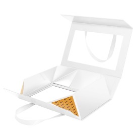 JINGUAN Large White Clear Gift Box, 13.5x9x4.1 Inches Gift Box with Window by Handle, Bridesmaid Proposal Box, Collapsible Gift Boxes with Magnetic Closure (Glossy White, 1 Pack)