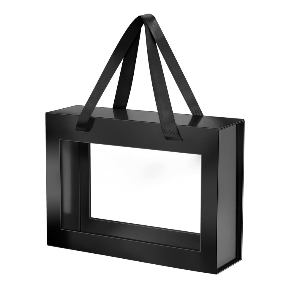 JINGUAN Black Gift Box with Window, Clear Magnetic Gift Box for Present, Groomsman Proposal Box (10.5x7.5x3 Inches)