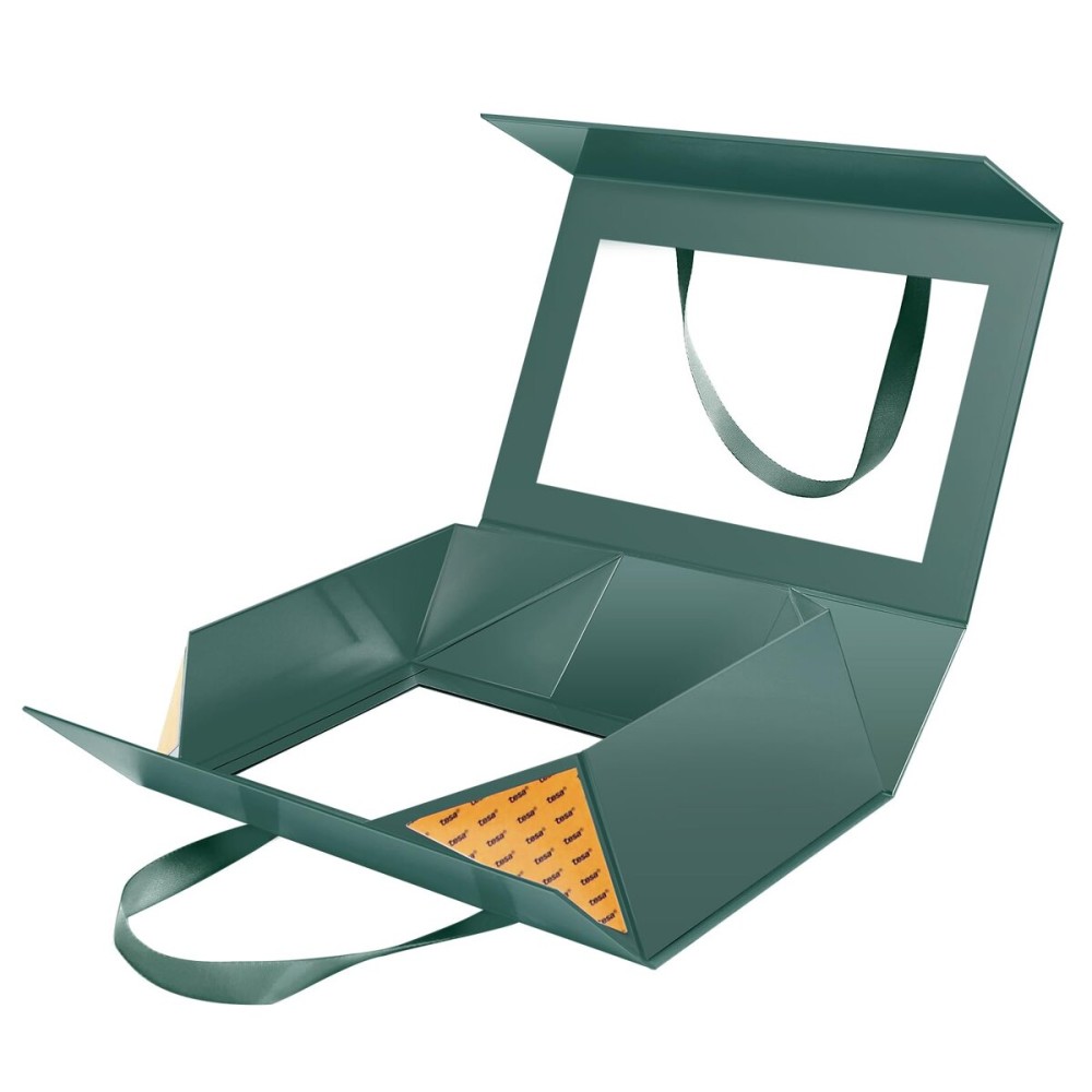 JINGUAN Large Green Clear Gift Box, 13.5x9x4.1 Inches Gift Box with Window by Handle, Bridesmaid Proposal Box, Collapsible Gift Boxes with Magnetic Closure (Glossy Green, 1 Pack)