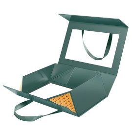 JINGUAN Large Green Clear Gift Box, 13.5x9x4.1 Inches Gift Box with Window by Handle, Bridesmaid Proposal Box, Collapsible Gift Boxes with Magnetic Closure (Glossy Green, 1 Pack)