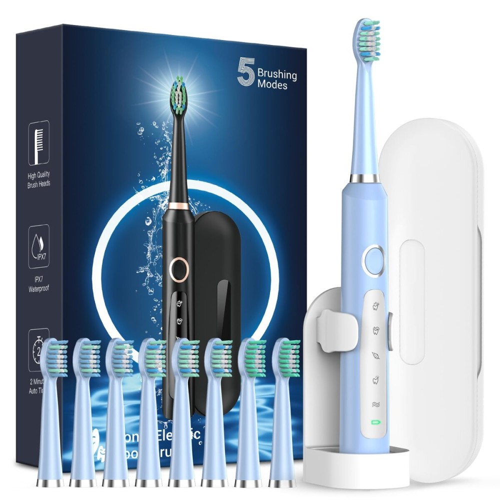 Rtauys M5 Sonic Electric Toothbrush for Adults and Kids - Rechargeable Electric Toothbrush Kids Ages 12+ and Adults with 8 Brush Heads & Travel Case, 120 Days Battery Life - Light Blue