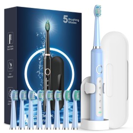 Rtauys M5 Sonic Electric Toothbrush for Adults and Kids - Rechargeable Electric Toothbrush Kids Ages 12+ and Adults with 8 Brush Heads & Travel Case, 120 Days Battery Life - Light Blue