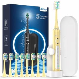 Rtauys M5 Sonic Electric Toothbrush for Adults and Kids - Rechargeable Electric Toothbrush Kids Ages 12+ and Adults with 8 Brush Heads & Travel Case, 120 Days Battery Life - Yellow