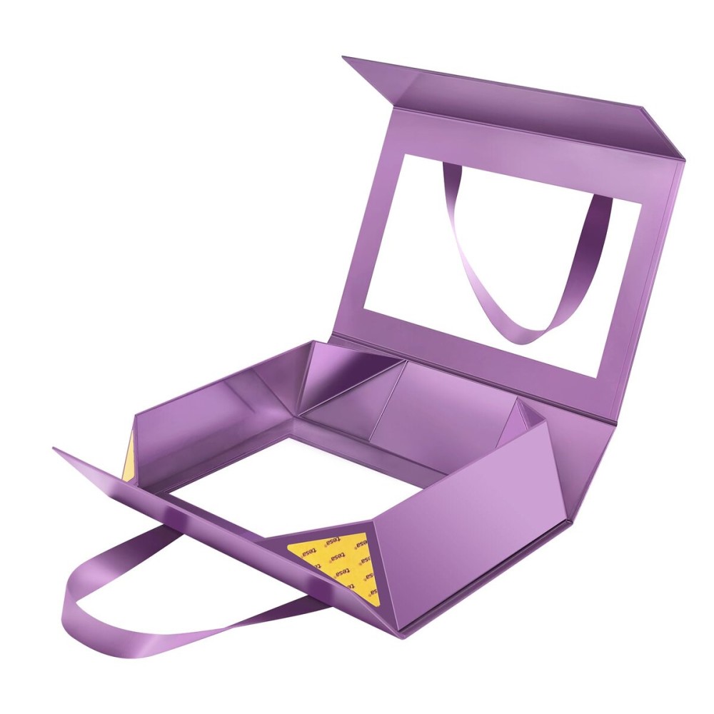 JINGUAN Large Purple Clear Gift Box, 13.5x9x4.1 Inches Gift Box with Window by Handle, Bridesmaid Proposal Box, Collapsible Gift Boxes with Magnetic Closure (Glossy Purple, 1 Pack)