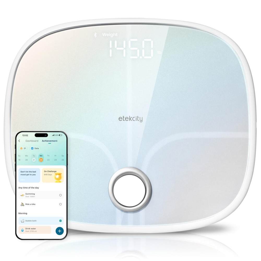 Etekcity Smart Rechargeable Scale for Body Weight, BMI, Fat, Muscle Mass, FSA&HSA Eligible, Digital Bathroom Scale with 13 Metrics, Secret Mode, Bluetooth Connect to Free Apps, Rainbow White