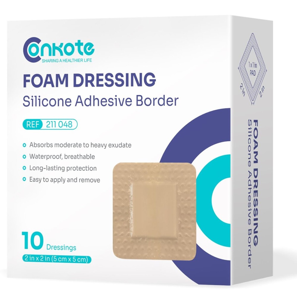Conkote Silicone Foam Dressings 2\'\' X 2\'\', Large Bandages for Wound Care, Box of 10 Dressings
