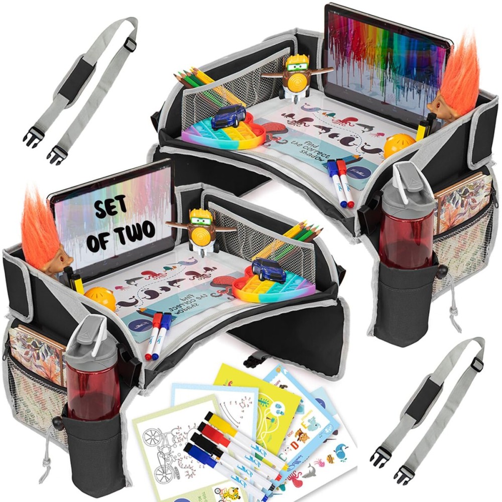 PILLANI Kids Travel Tray for Car - Car Seat Tray for Kids, Road Trip Essentials Must Haves - Carseat Table Roadtrip Activities - Toddler Lap Desk Organizer for Airplane - Travel Essentials - Pack of 2