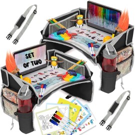 PILLANI Kids Travel Tray for Car - Car Seat Tray for Kids, Road Trip Essentials Must Haves - Carseat Table Roadtrip Activities - Toddler Lap Desk Organizer for Airplane - Travel Essentials - Pack of 2