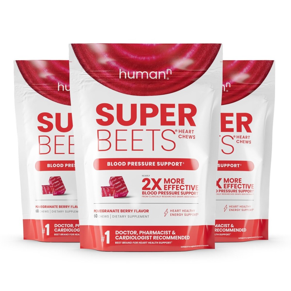 Humann SuperBeets Heart Chews, Nitric Oxide and Blood Pressure Support, Grape Seed Extract & Non-GMO Beet Root Powder Energy, Pomegranate Berry Flavor, 180 Count