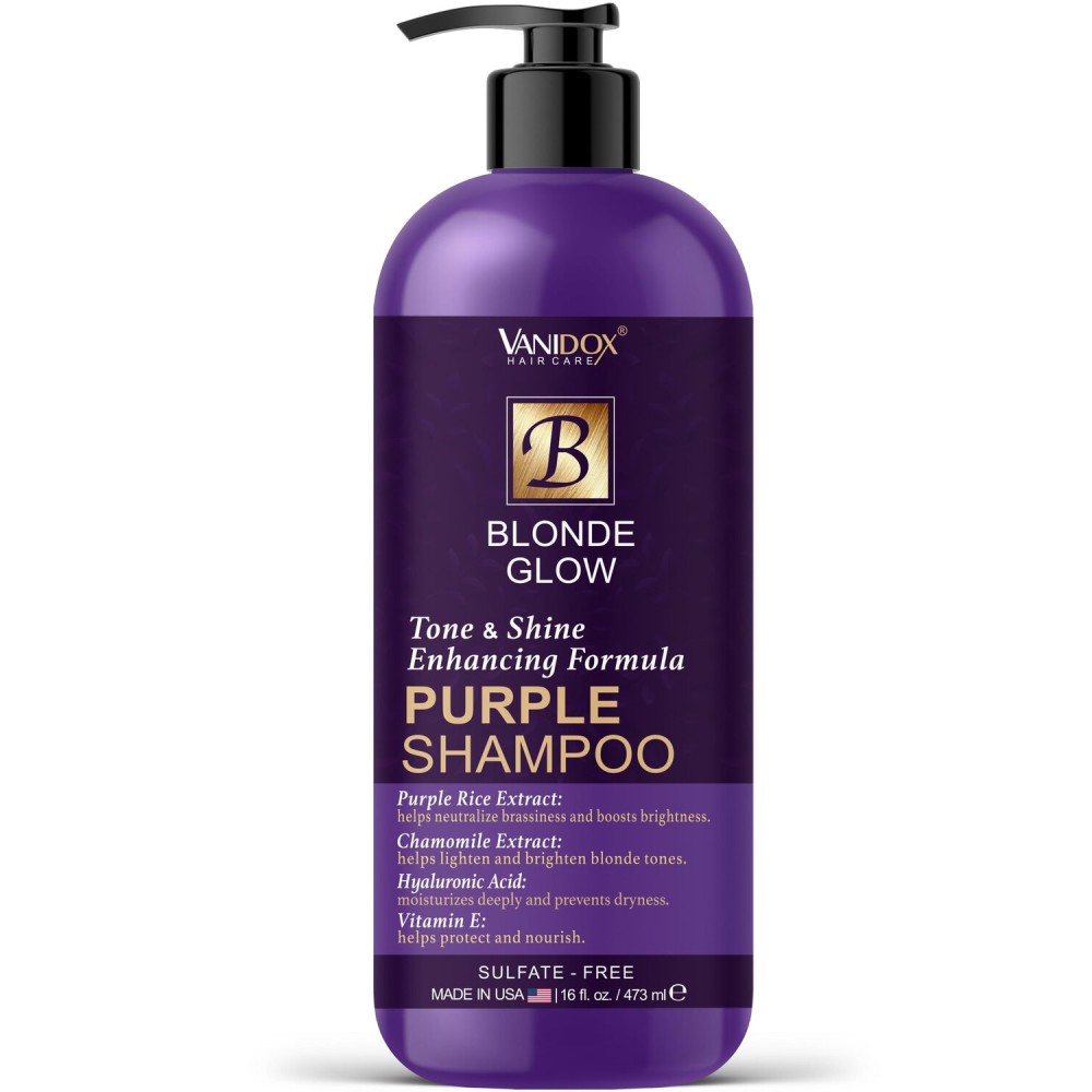VANIDOX Sulfate Free Brass Toning Purple Shampoo for Blondes, Brown Highlighted, or Bleached Hair, Infused with Purple Rice Extract, Hyaluronic Acid, Vitamin E, and Chamomile Extract (16 fl oz)