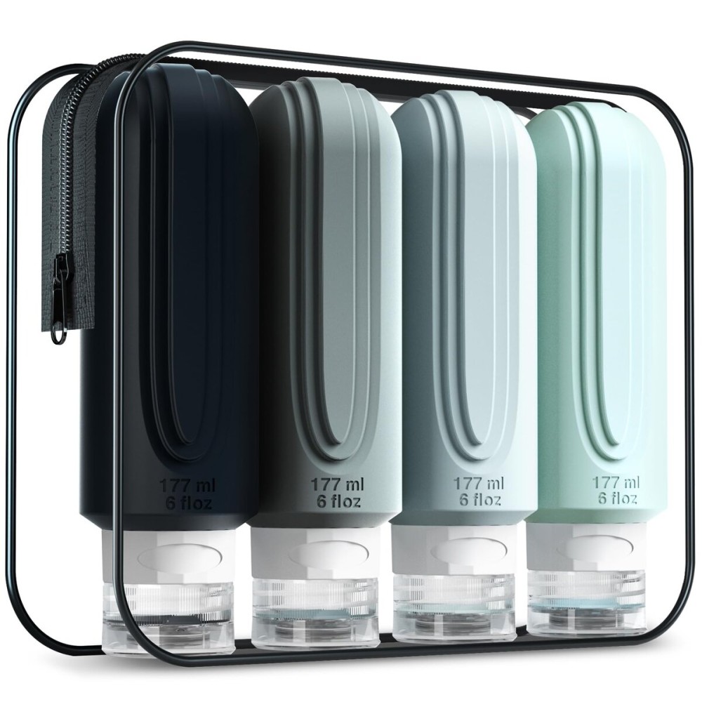 Mrsdry Travel Bottles for Toiletries, Large 6oz Oversize Containers, BPA Free Leak Proof Tubs Refillable Liquid Traveler Accessories with Toiletry Bag for Cometic Shampoo and Lotion Soap (4 Pack)