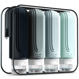 Mrsdry Travel Bottles for Toiletries, Large 6oz Oversize Containers, BPA Free Leak Proof Tubs Refillable Liquid Traveler Accessories with Toiletry Bag for Cometic Shampoo and Lotion Soap (4 Pack)