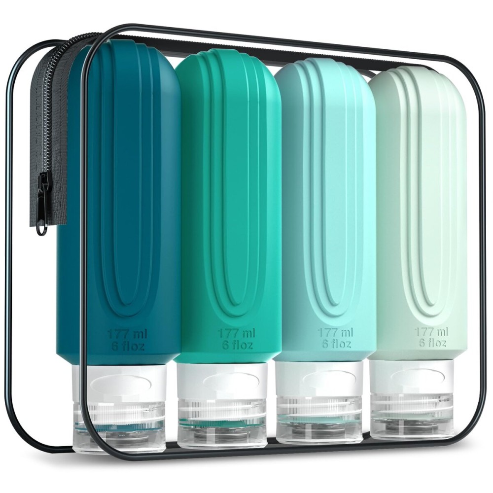 Mrsdry Travel Bottles for Toiletries, Large 6oz Oversize Containers, BPA Free Leak Proof Tubs Refillable Liquid Traveler Accessories with Toiletry Bag for Cometic Shampoo and Lotion Soap (4 Pack)