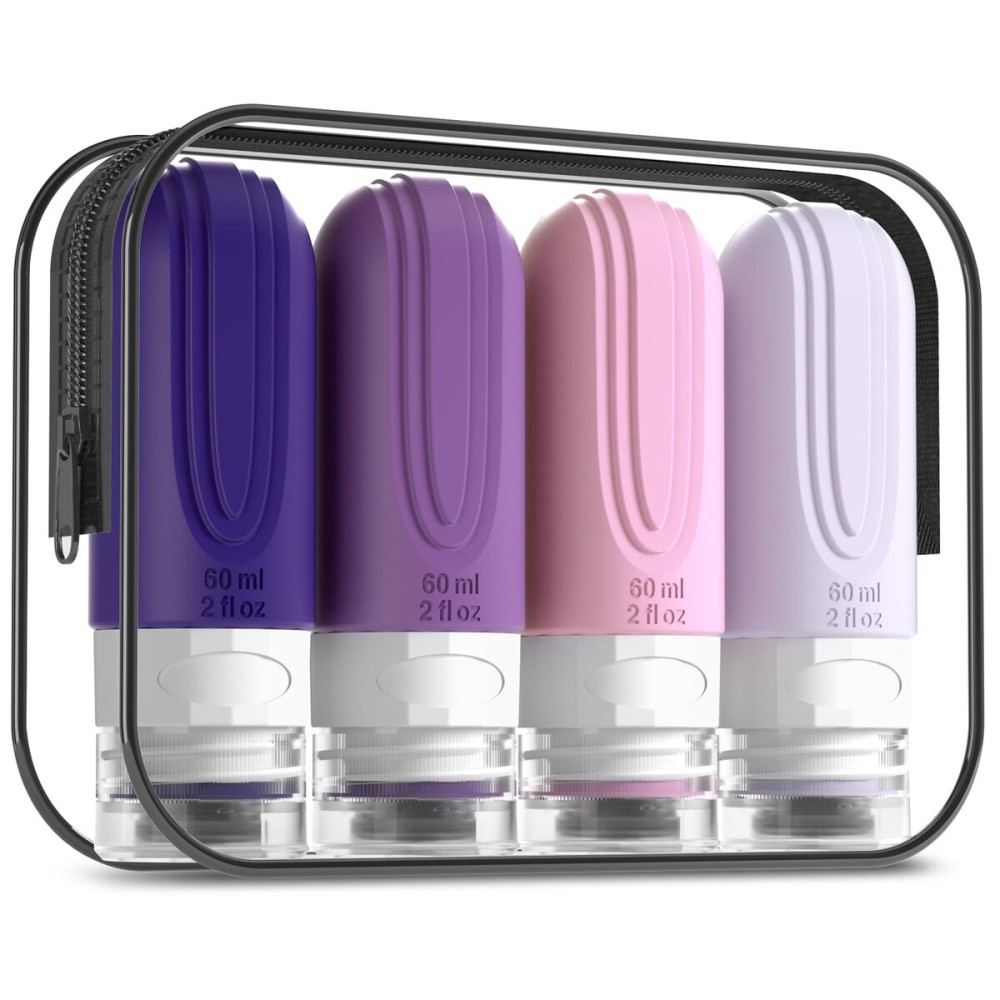 Mrsdry Travel Bottles for Toiletries, Tsa Approved 2oz Travel size Bottles, BPA Free Leak Proof Travels Toiletry Containers, Traveler Accessories with Toiletry Bag for Shampoo Liquid (4 Pack)