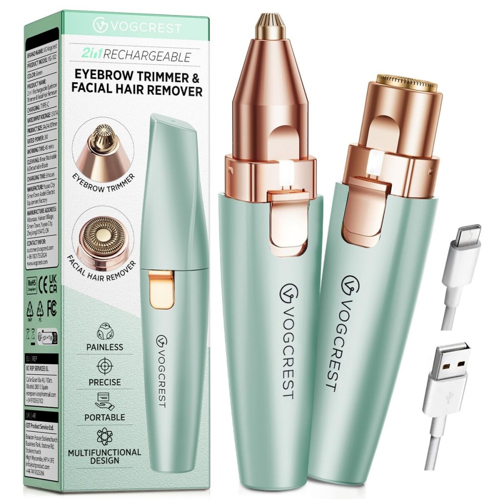 VG VOGCREST Eyebrow Facial Trimmer: 2 in1 Rechargeable Facial Hair Removal and Eyebrow Shaver - Face Lips Body Painless Facial Razor with Built-in LED Light (Pastel Green)