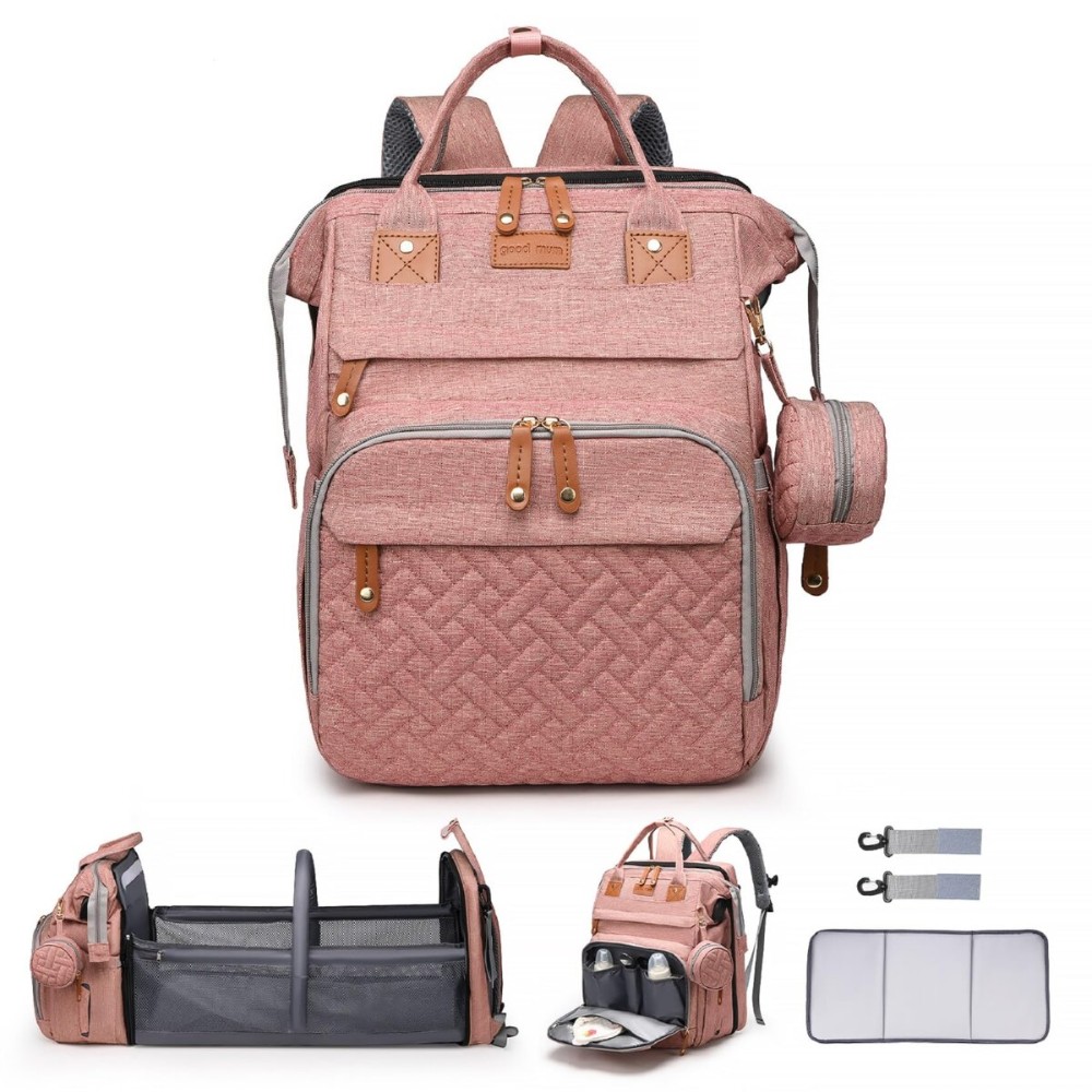 ANWTOTU Baby Diaper Bag Backpack Diaper Bag Multifunctional Waterproof Diaper Bag with Changing Station Travel Diaper Backpack with Changing Pad, Pacifier Case & Stroller Straps(Pink)